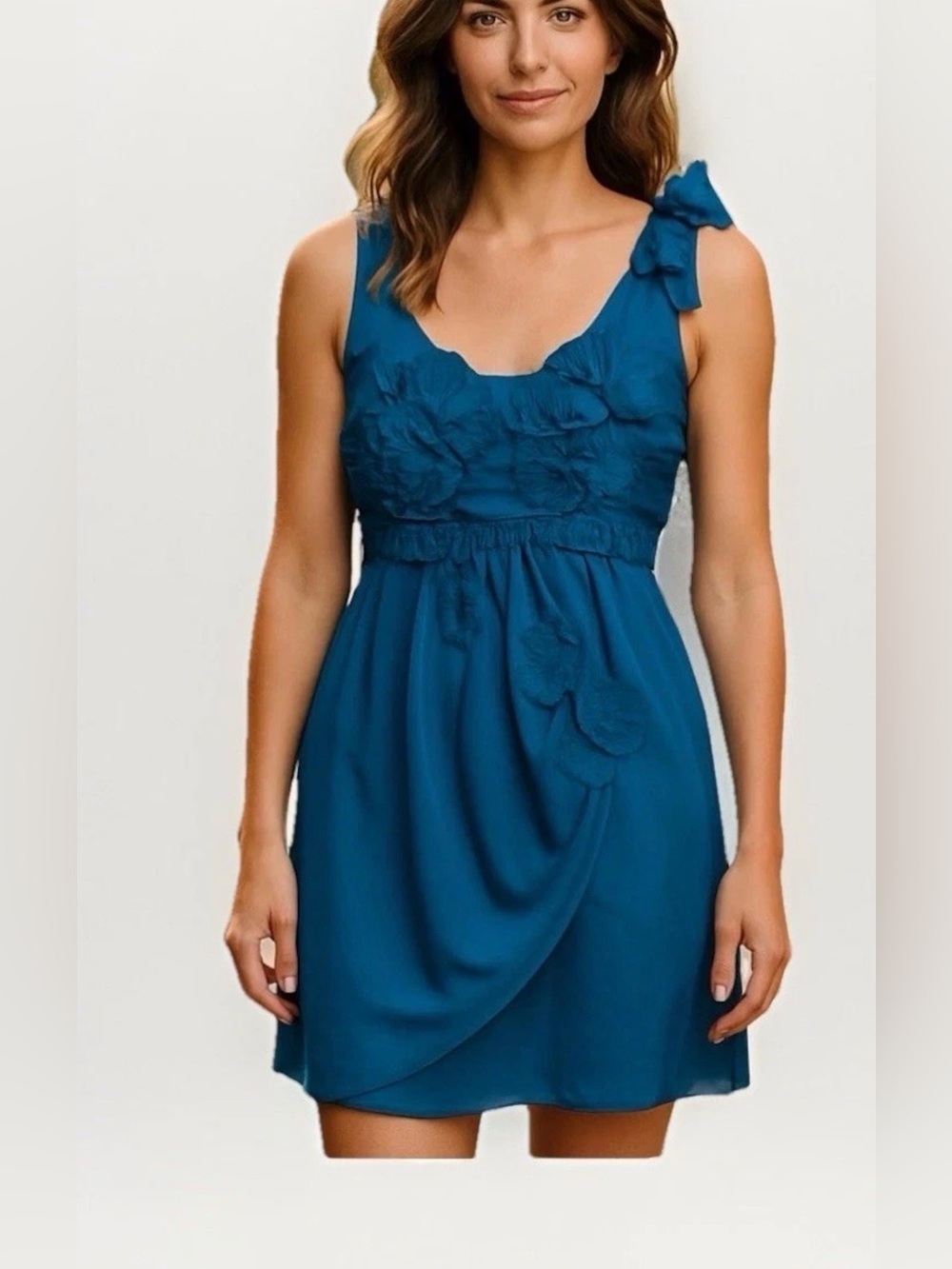 Ya Los Angeles Teal Silk Blend Dress 3D Floral Rosette Coquette Girlhood - Small